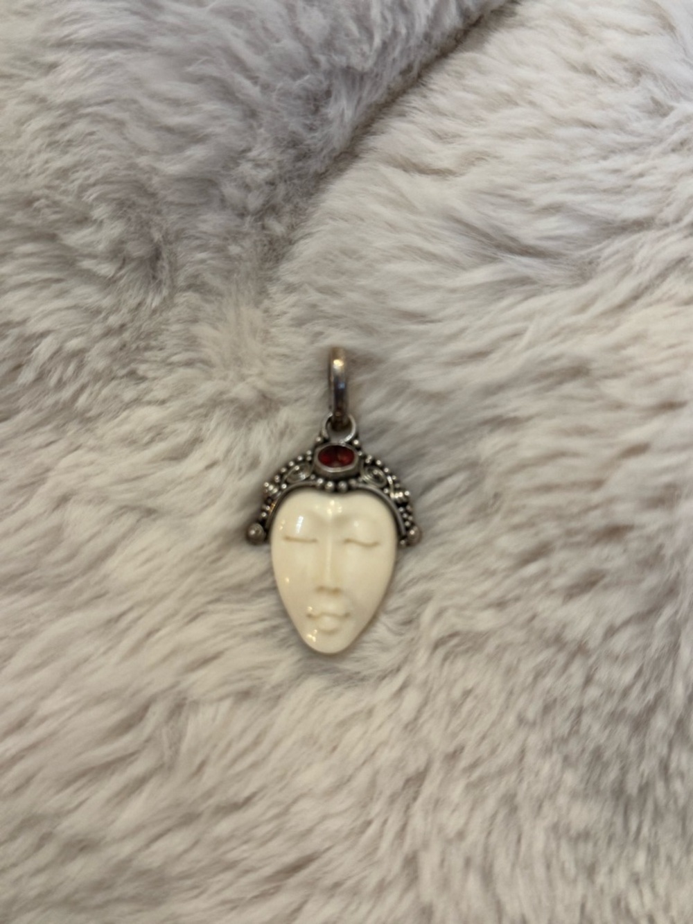 Carved Bone Face Pendant with Red Stone Accent
